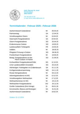 Terminkalender rk Kirche Sisikon